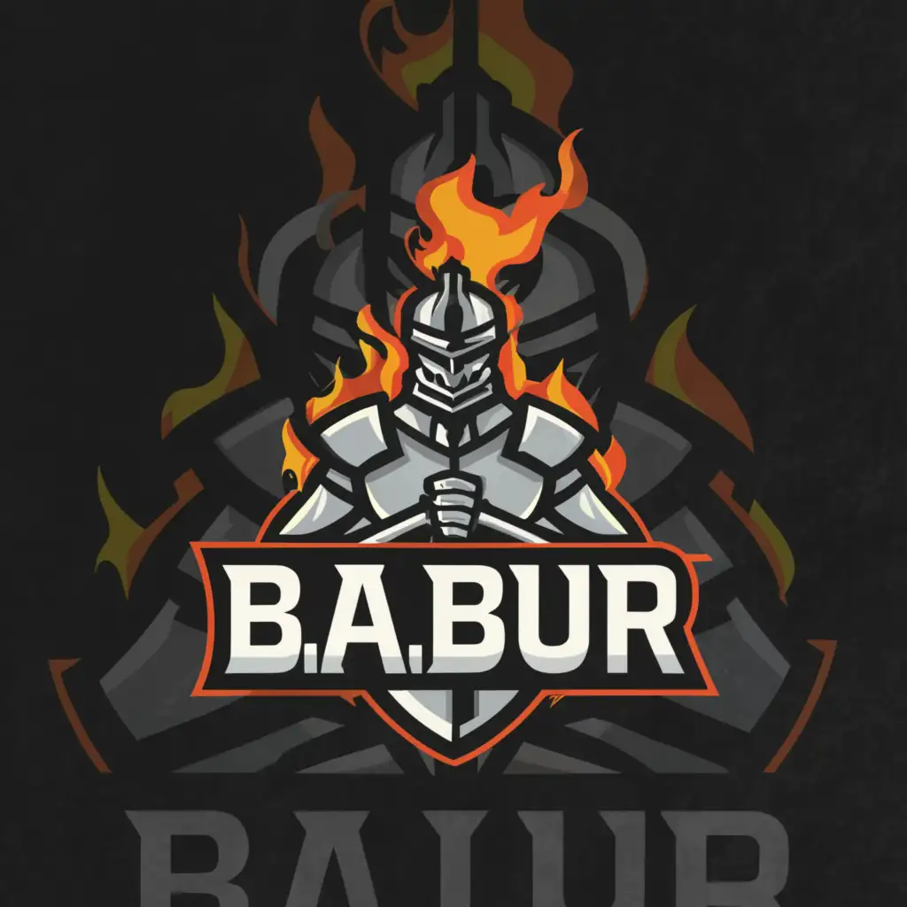 a logo design,with the text "B.a.B.u.R", main symbol:knight in fire,complex,clear background