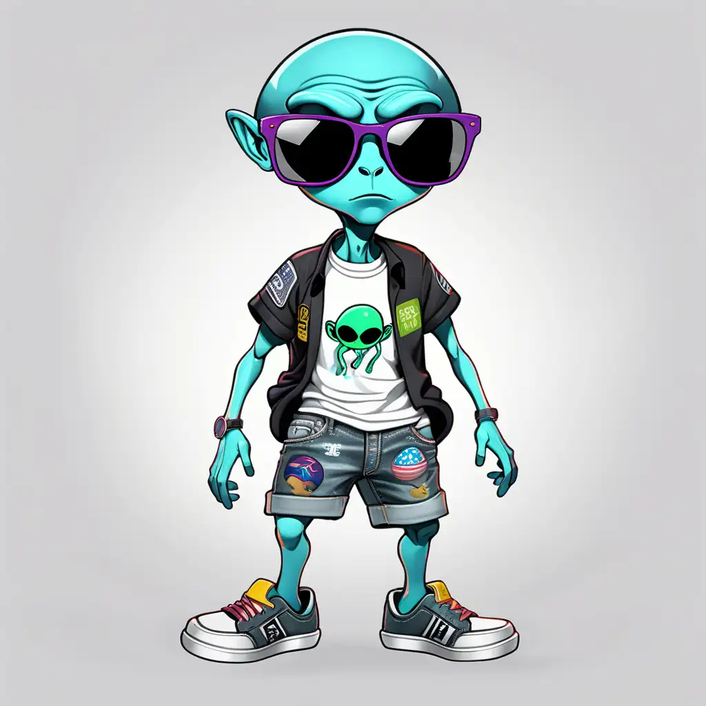 Create a alien NFT character that is wearing a graphic shirt with shorts on and sunglasses that is tired of the world it living in


