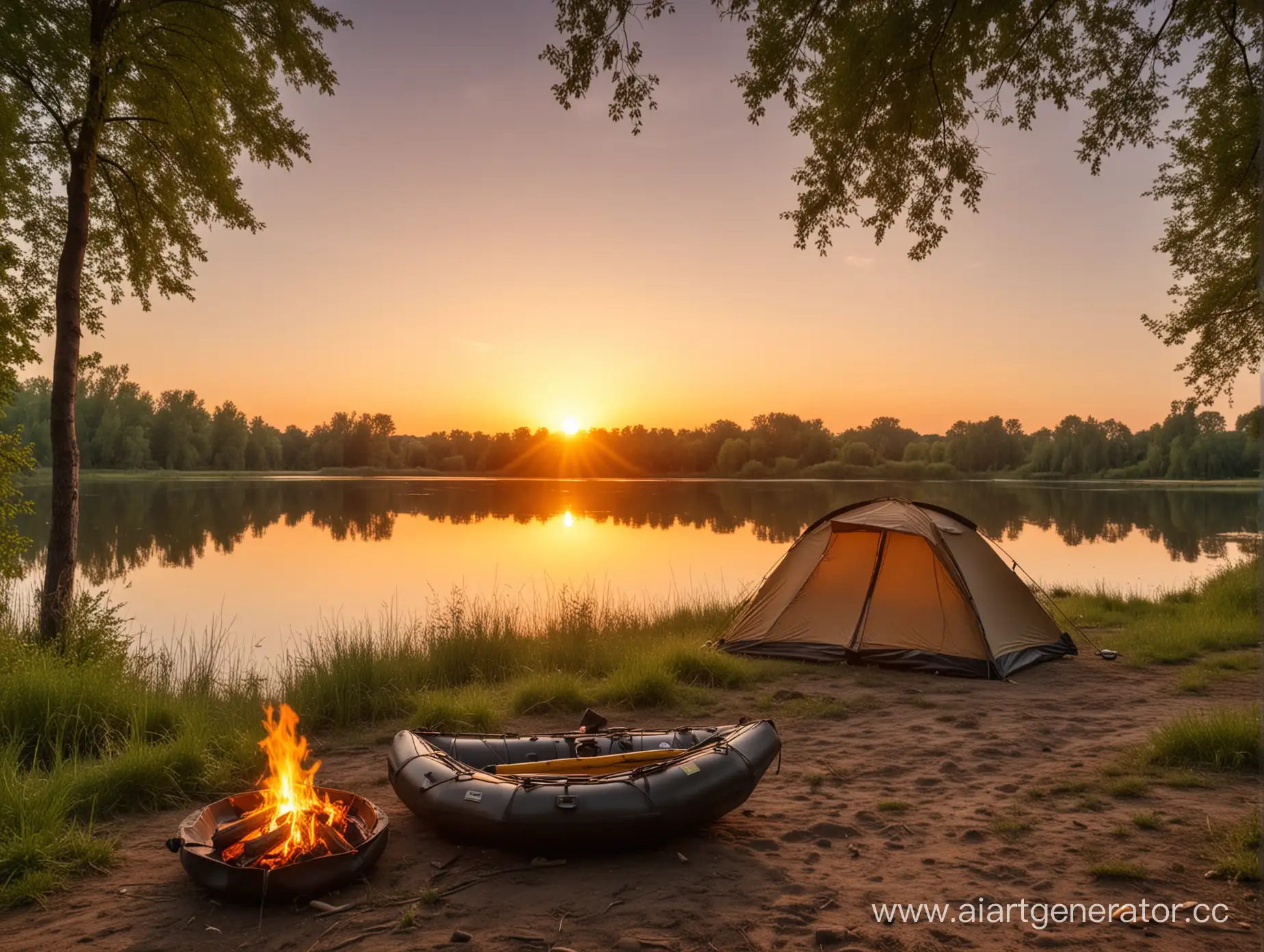 Sunset-Camping-by-the-River-with-Family-and-Inflatable-Boat