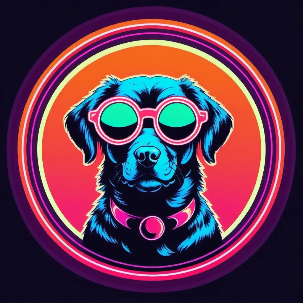 iconic idol, dog, sunglasses, flat vector, groovy neon lo lo-fi, isolated on a white background, surrounded by circle