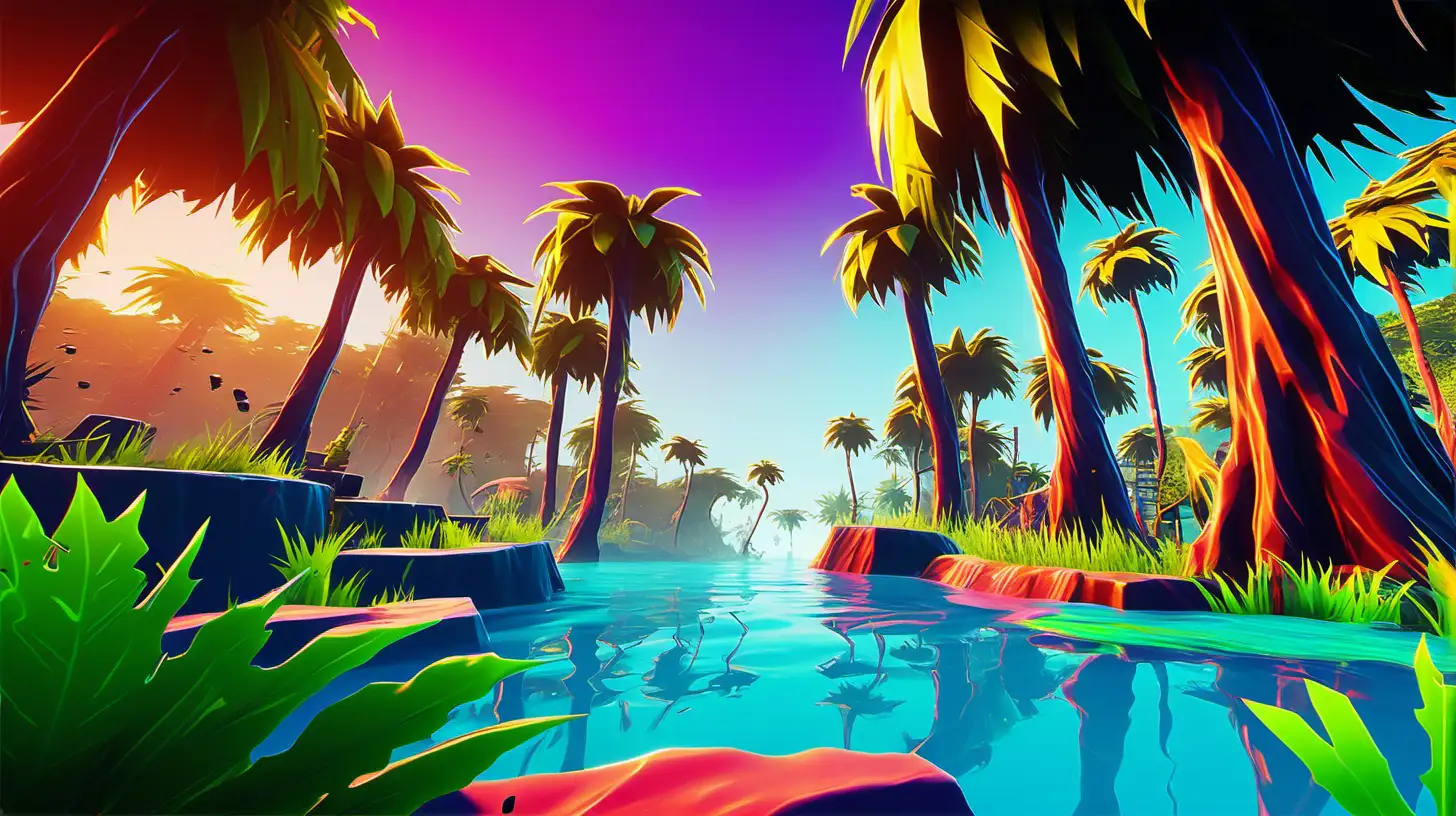 Fortnite style jungle with water with vibrant colours background