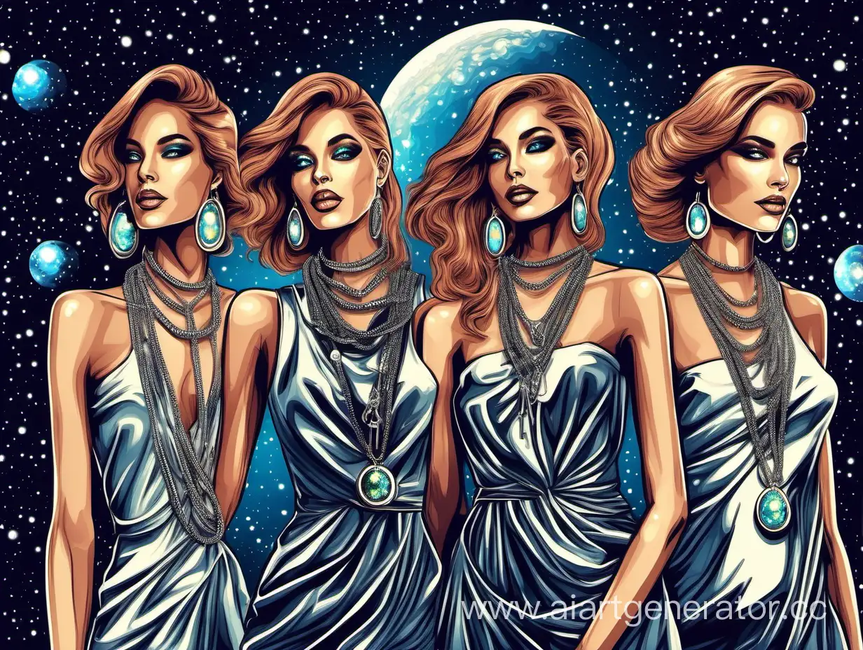 The Andromeda Galaxy, three beautiful girls glamorous models in fashionable trendy jewelry and chains, a modern illustration