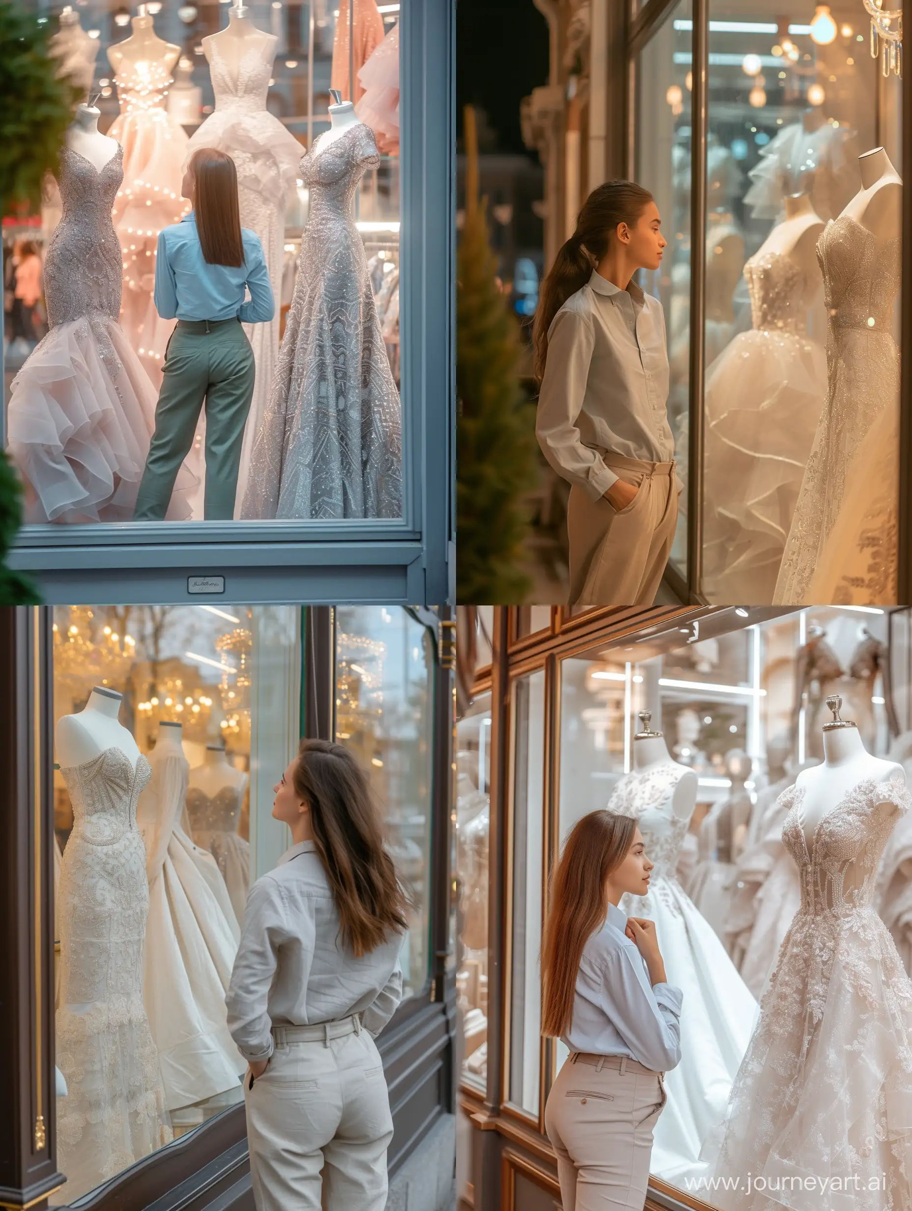Красивая девушка в рубашке и брюках смотрит на витрину магазина с роскошными платьями

