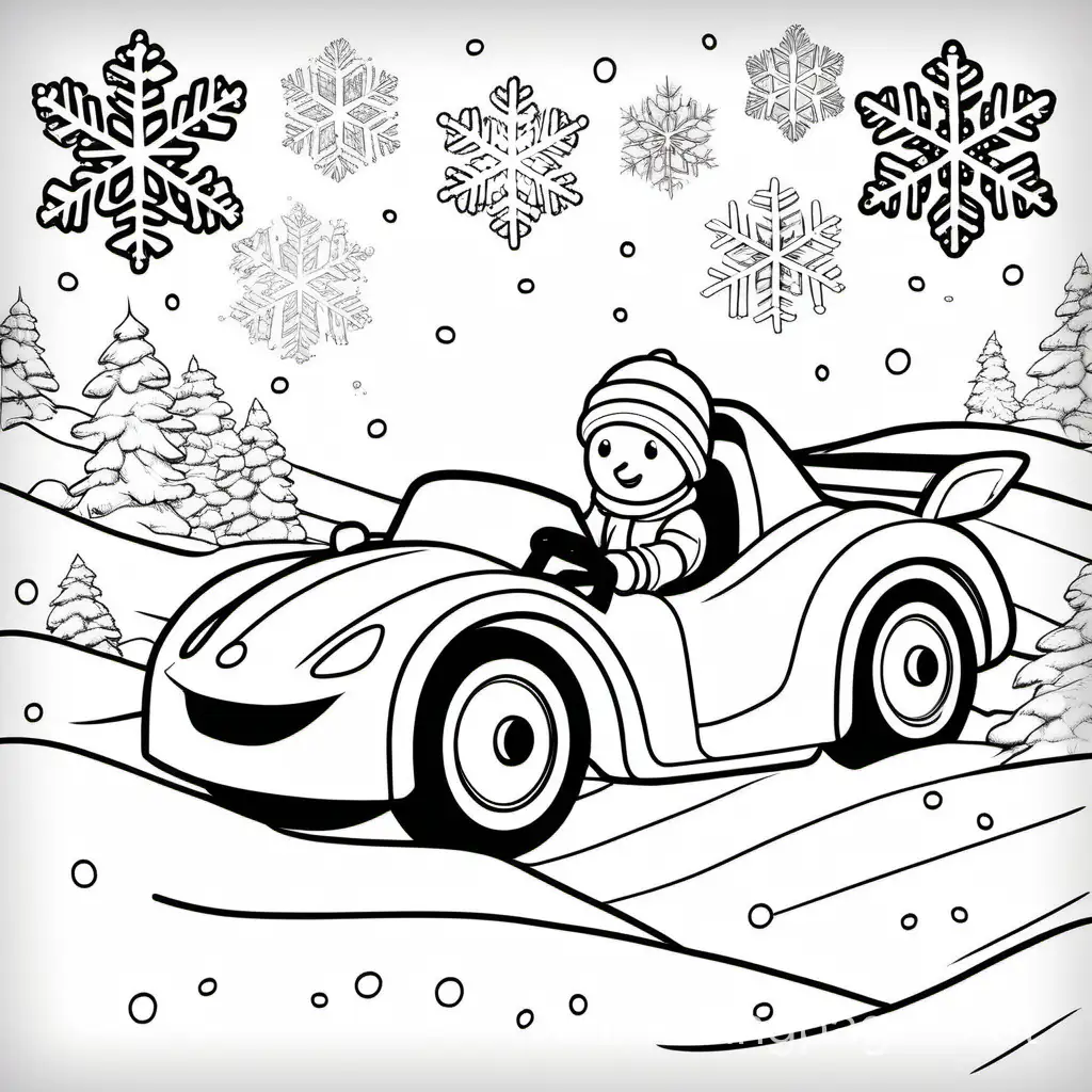 a cute race car with a winter theme featuring snowflakes and a snow man driver, Coloring Page, black and white, line art, white background, Simplicity, Ample White Space. The background of the coloring page is plain white to make it easy for young children to color within the lines. The outlines of all the subjects are easy to distinguish, making it simple for kids to color without too much difficulty