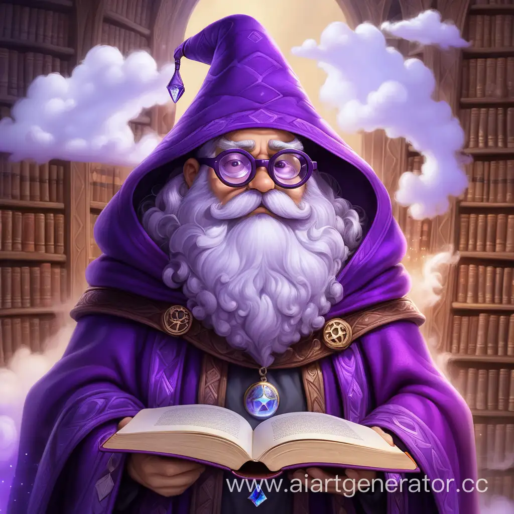 волшебник в фиолетовой накидке с большими очками и грустным лицом с книгами внутри мантии и бородой из облаков