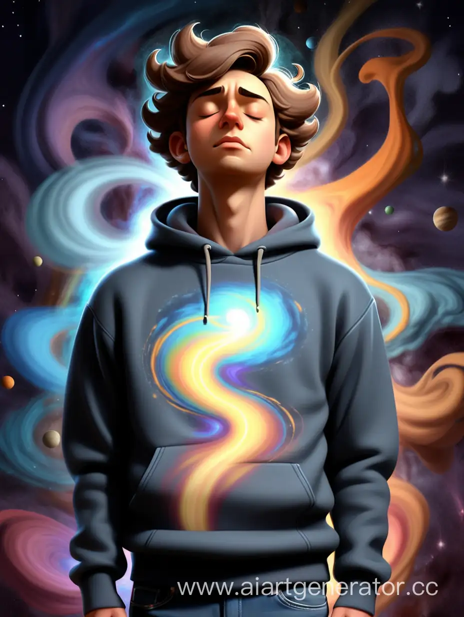 A young man in a sweatshirt and jeans stands with closed eyes, and a cosmic flow of energy is directed towards his head.