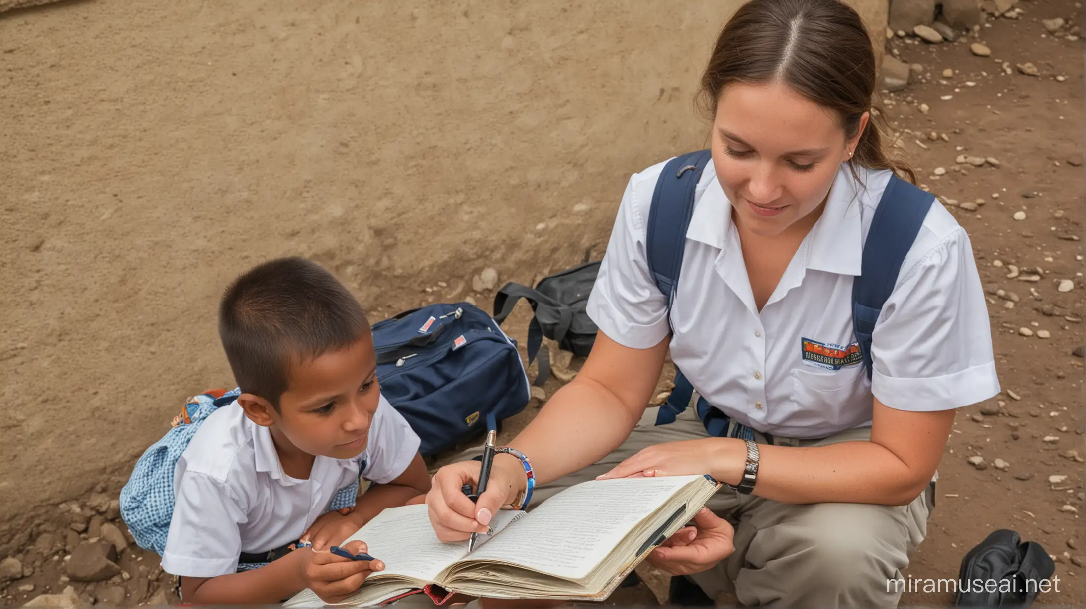 Un misionero, solidario, ayudando a unos niños , con un diario en la mano.