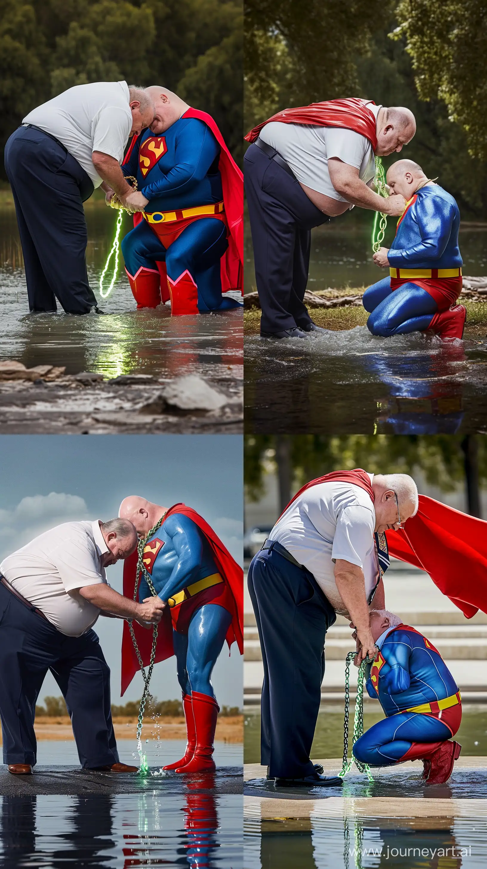 Photo of an obese man aged 70 wearing navy business pants and a white shirt. He is bending over another man dressed in a clean slightly shiny blue superman costume with a big red cape, red boots, blue shirt, blue pants, yellow belt and red trunks kneeling in water, and closing a heavy glowing green chain around his neck. Outside. --style raw --ar 9:16 --v 6