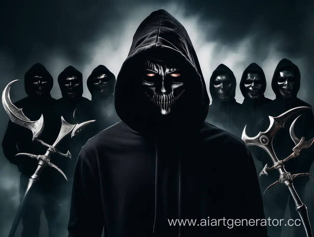 A young man in a black hood holds black masks in front of his face depicting different emotions, hes hold reapers scythe, high detail