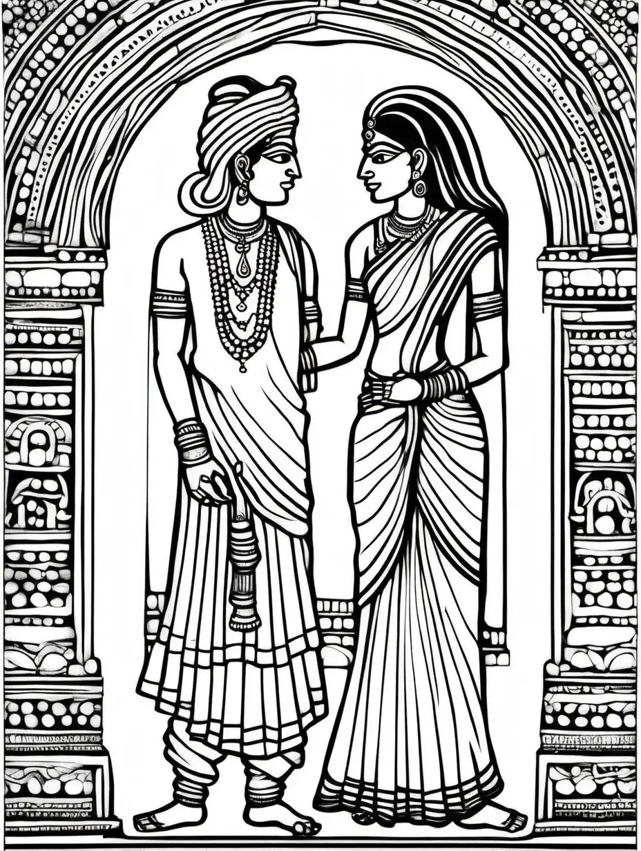 --v 5 --q 2 --ar 9:11 create a simple thin crisp line drawing an man and women from ancient India standing in love looking at each other in black and white, mural painting style,  white body, white background, only two hands, no dark or black shades, no black fill and easy for mural style coloring inside 