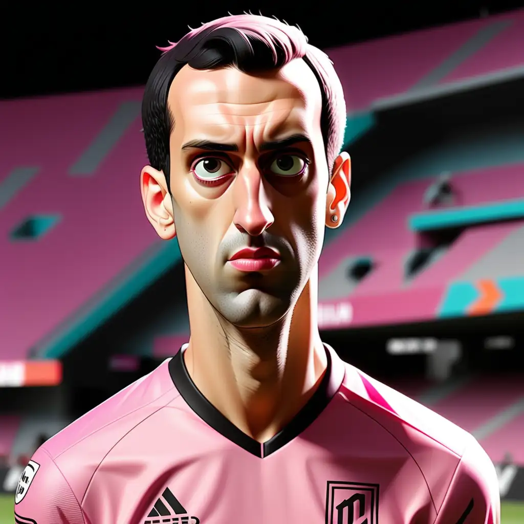 Cartoon Image of Sergio Busquets in Pink InterMiami Jersey with 5 Oclock Shadow