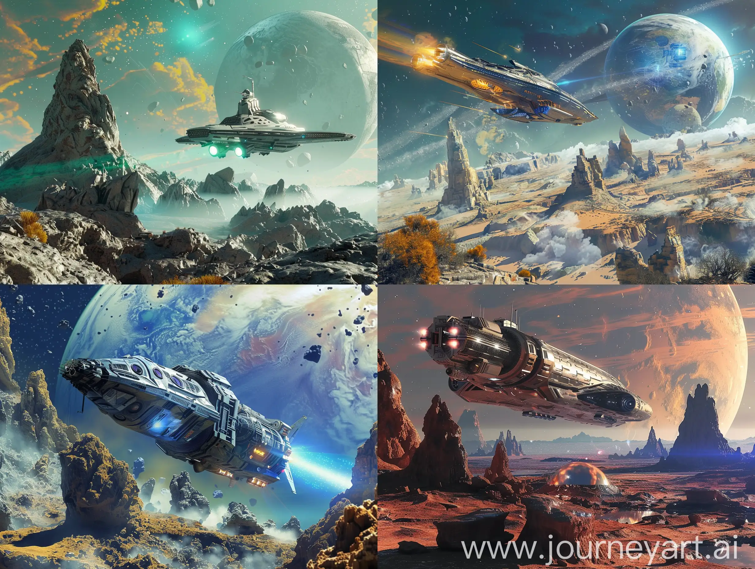 Futuristic-Spaceship-Approaching-Exotic-Planet-with-Ancient-Civilization-Remnants