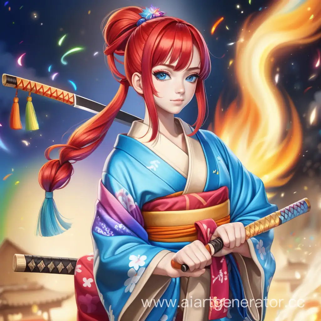 Young adult woman with bright-red hair tied into ponytail, blue eyes,  rainbow kimono like on some celebration ceremony , colorful socks, beige sandals with colorful straps, fantasy fire staff, celebration ceremony background, katana, Japanese holidays motives