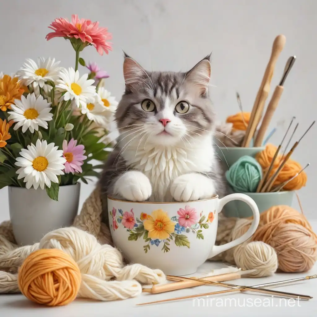 Colorful Yarn Crafts with Playful Cat and Floral Accents