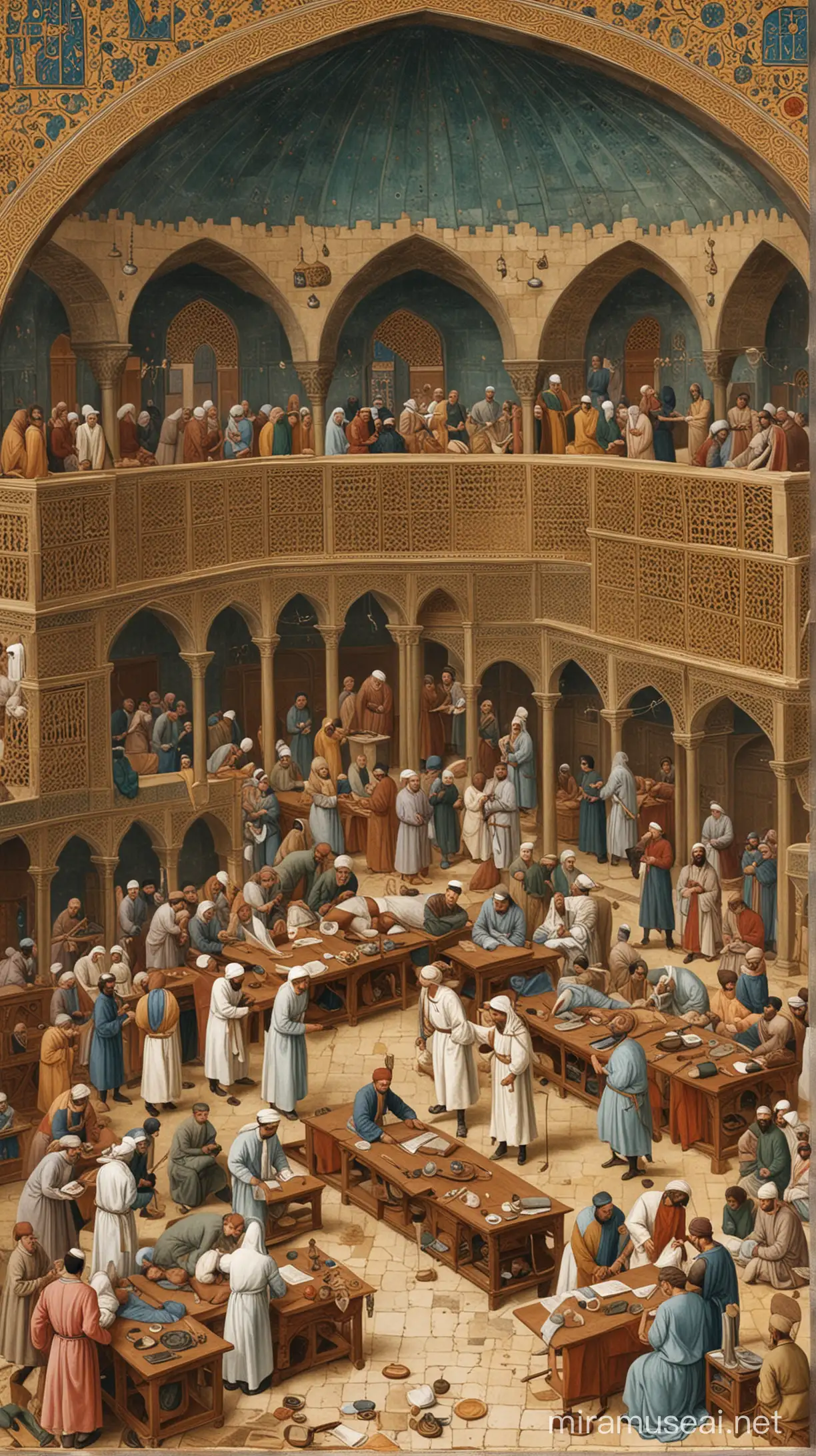 A depiction of a medieval Islamic hospital or medical school, showcasing the pioneering work of Muslim physicians and surgeons in the field of medicine during the Golden Age.