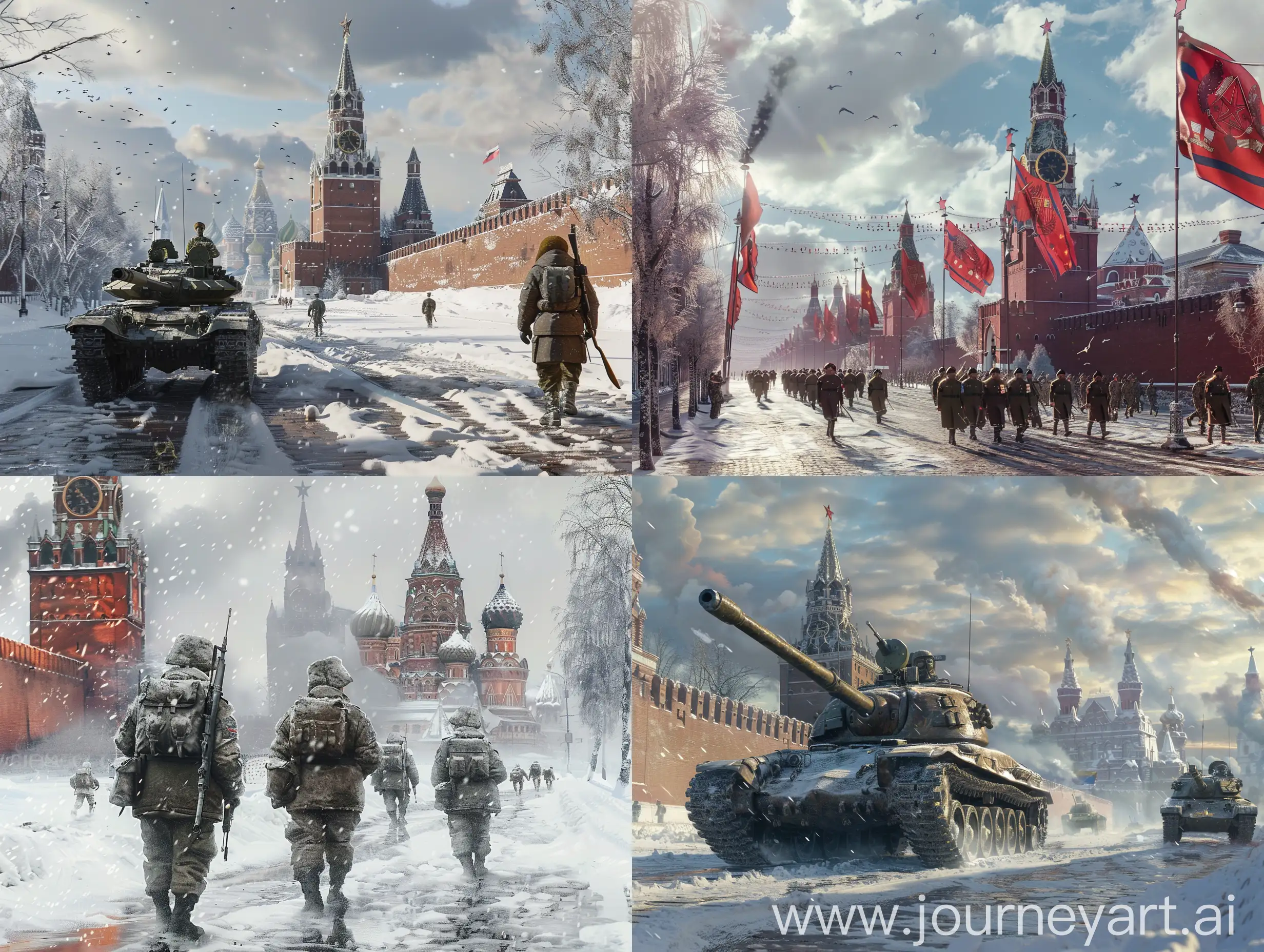 Image representing the holiday "Day of the Soviet Army - February 23" hyperrealism, 8K UHD, highly detailed, masterpiece. --v 6 --ar 4:3 --no 26324