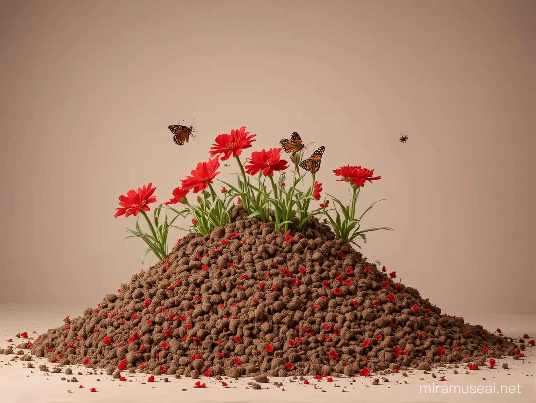 a few stalks of red flowers growing from a pile of shirts clumping together as if they are soil, but there is no soil. clean background and some butterfly and bee