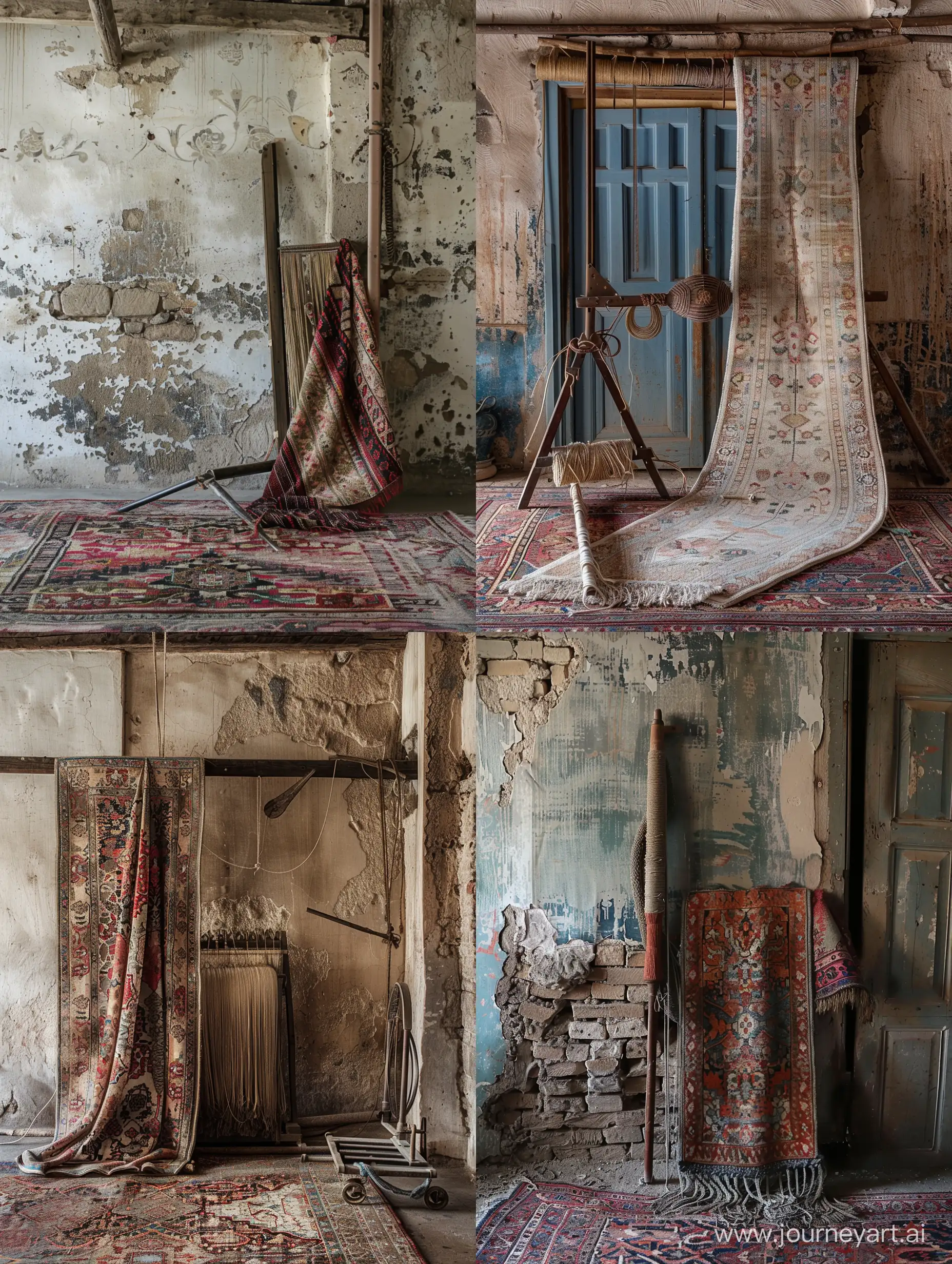 Traditional-Iranian-Carpet-Weaving-Against-Weathered-Wall