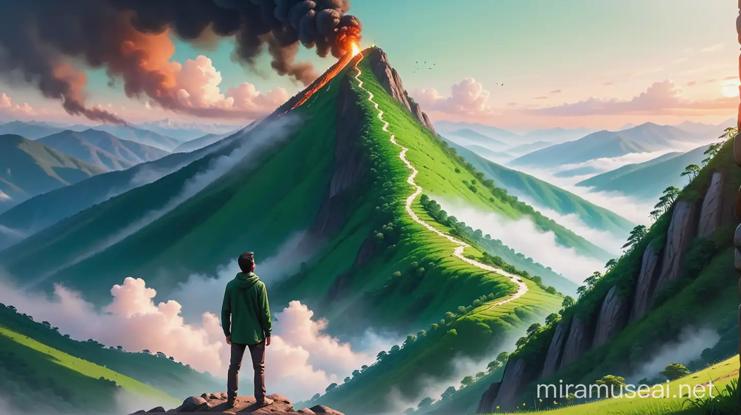 man looking up long parth to a green mountain, 
ther is fire on top of the mountain,