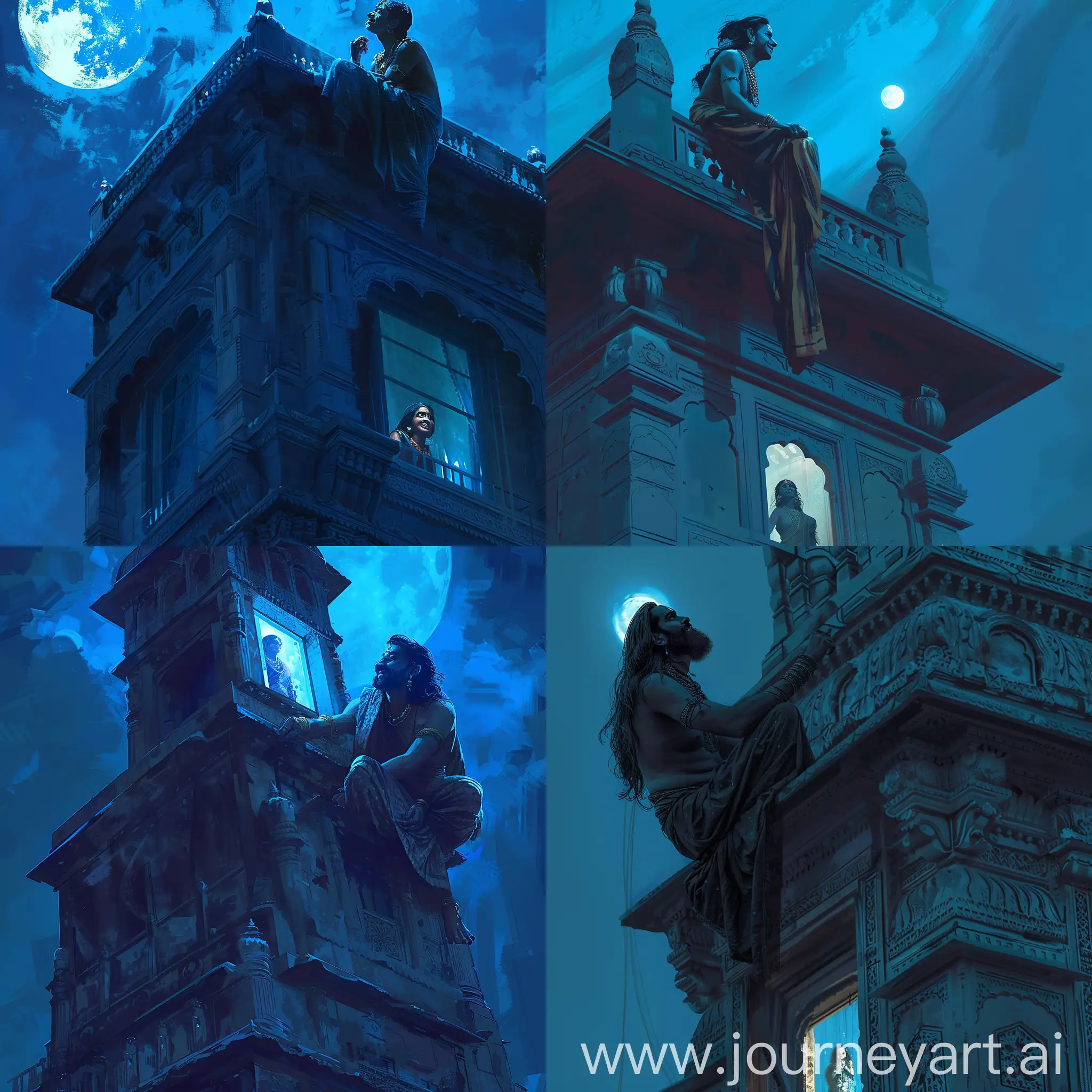 A handsome looking gandharvan is sitting on the top of a tall building. He is looking at a window below. Night, moonlight, blue hue, the window is lit, a women can be seen through the window. She looks happy