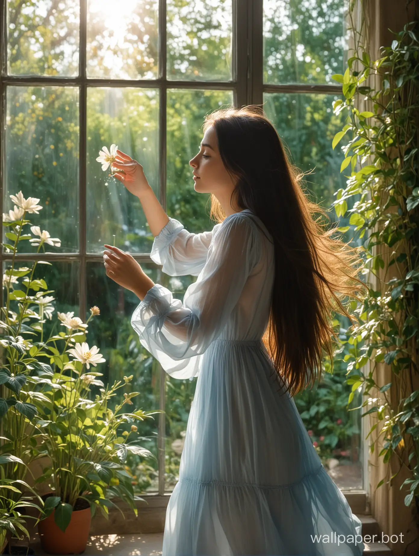 The girl stands in the botanical garden. The girl is 19 years old, with long straight dark hair. Her hair is gently swaying in the wind. With one hand, she reaches towards the flower. A ray of sunlight shines through the window glass onto her hair and clothes. She stands in profile and looks at the flower. She is dressed in a light, delicate blue dress.