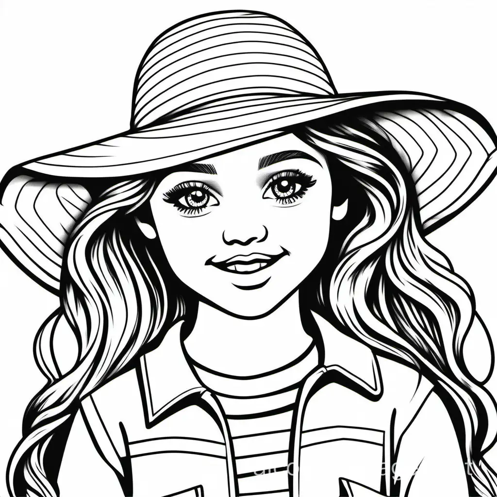 Beautiful girl wearing a hat, Coloring Page, black and white, line art, white background, Simplicity, Ample White Space. The background of the coloring page is plain white to make it easy for young children to color within the lines. The outlines of all the subjects are easy to distinguish, making it simple for kids to color without too much difficulty