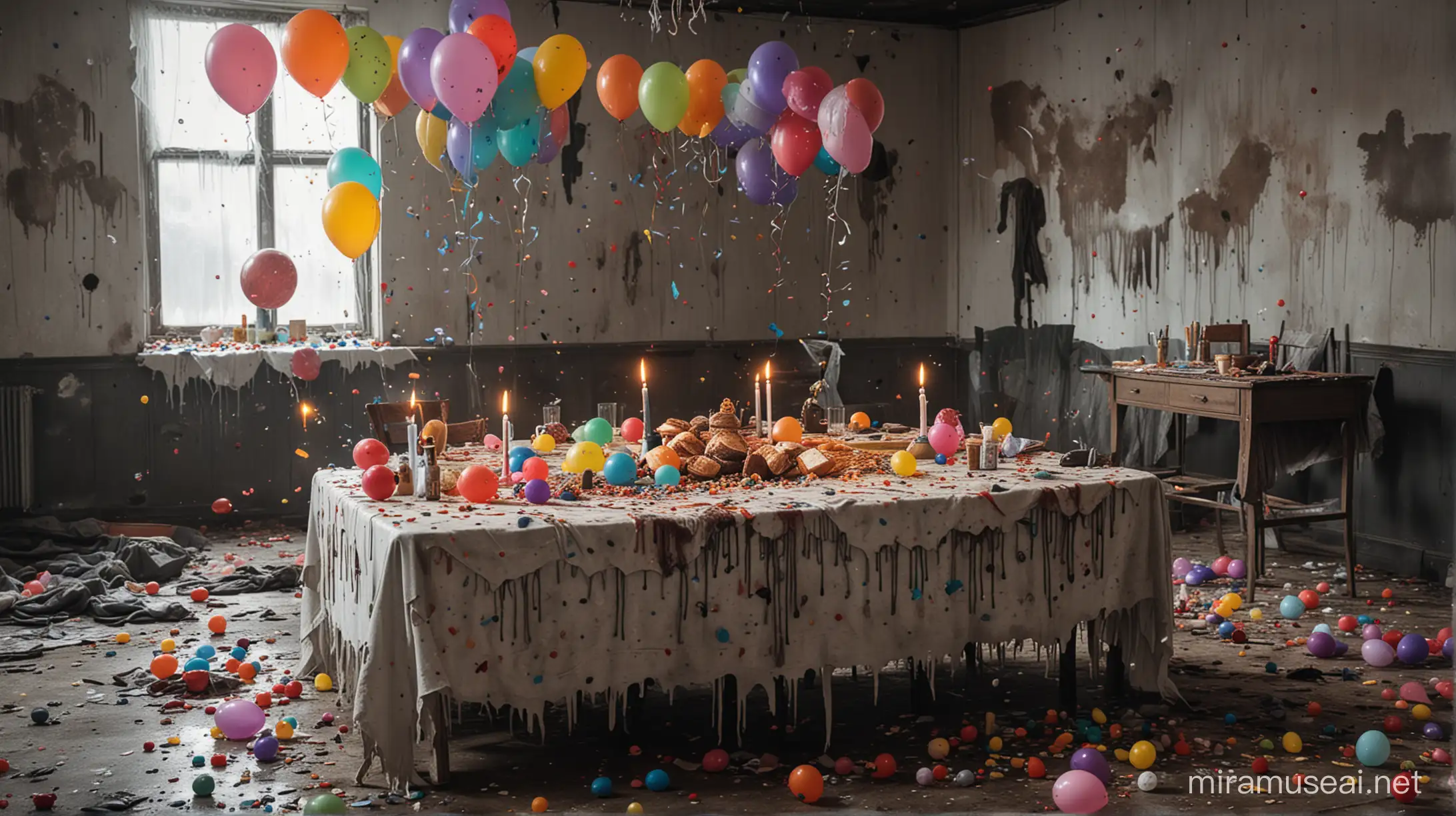 Une scène d'anniversaire post apocalyptique dans une ambiance glauque et sanglante, une grande table avec une nappe déchirée, un énorme gâteau d'anniversaire moisi, des confettis et des ballons colorés