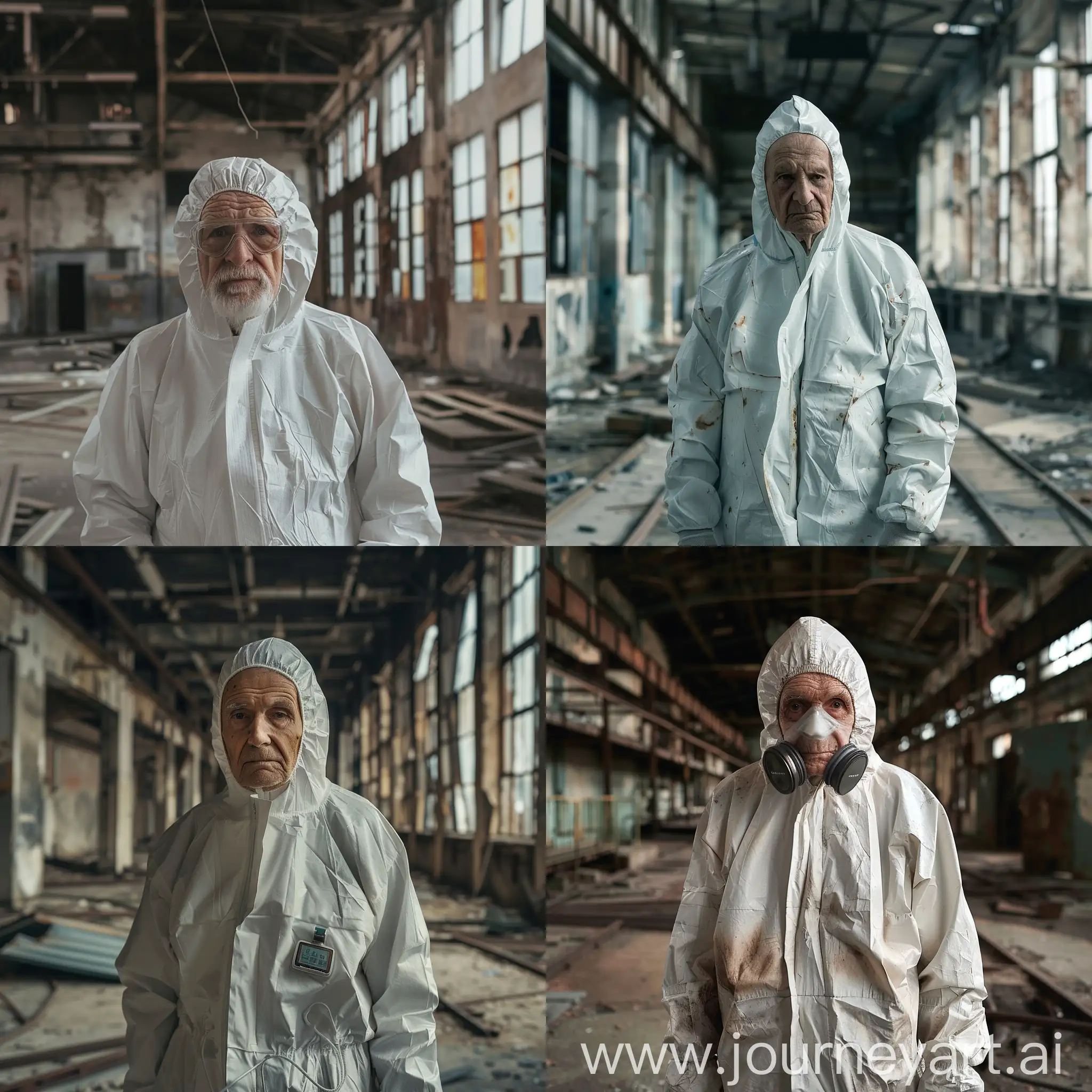 An elderly old man wearing a hazmat suit in an abandoned factory