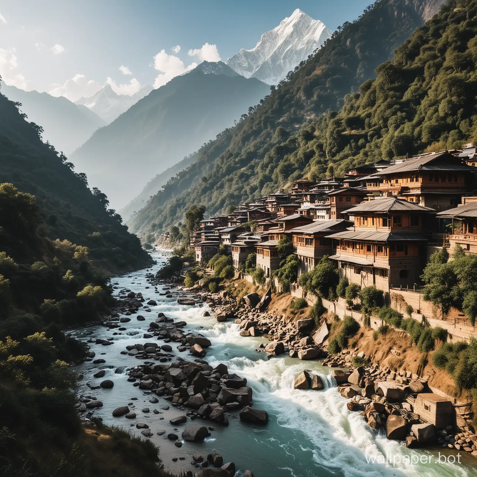 Scenic-Landscape-of-Nepal-Traditional-Houses-with-Himalayan-Peaks-and-Flowing-River