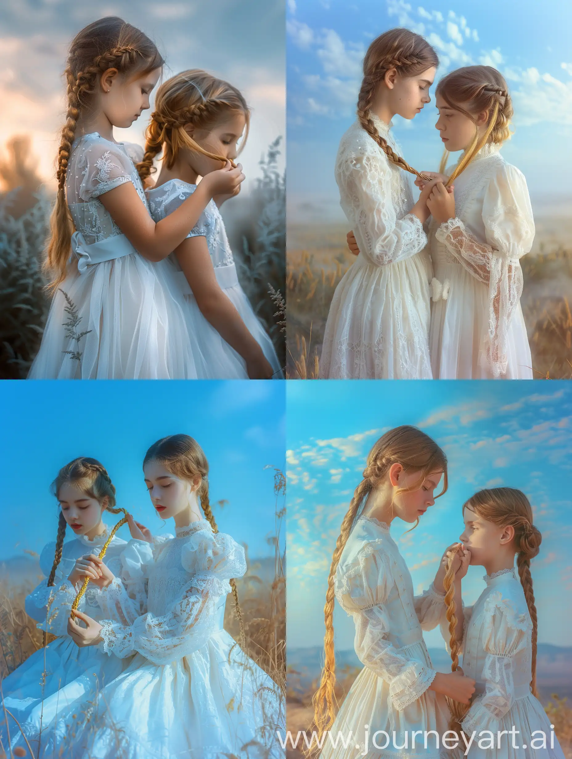Девушка в белом изысканном платье заплетает золотистые волосы сестре близнецу, пейзаж, голубое небо, 8k, дымка, ультодетализация, плёночная фотография, рассеяние света, тенденции на артстанции, резкий фокус, высокая детализация 