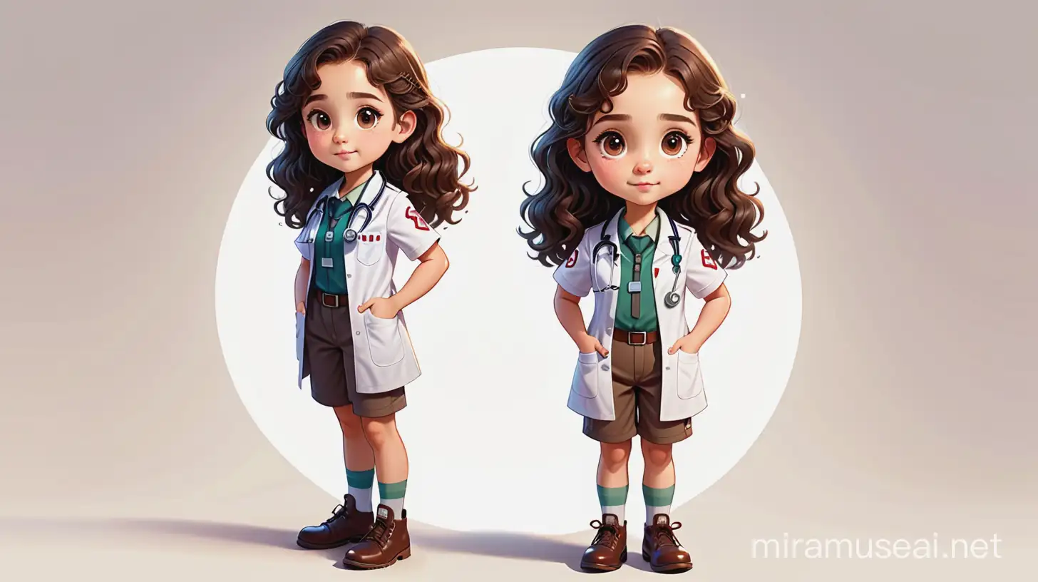 a female kid have 11 years old , have a  long curly brown  hair , big dark brown eyes, round face
 , light skin , scout uniform, show the full body of her. cartoon type .Treating as a doctor a child's foot. 