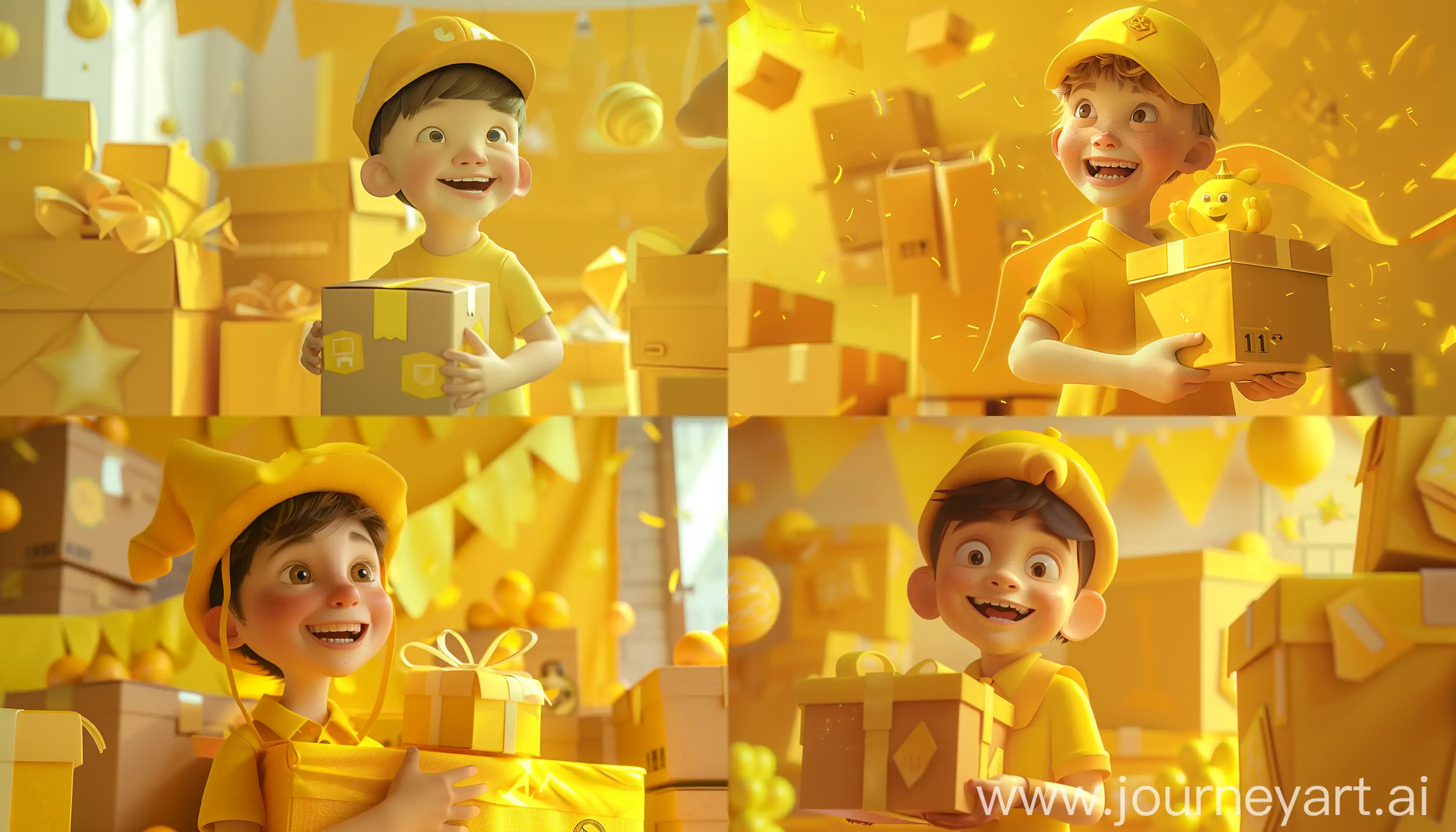 a banner with a yellow theme and a yellow background, a happy boy holding a box the boy is wearing a yellow hat and yellow clothes, boxes in the scene, close up on the boy, practicing almost everything with a yellow theme, using the best design techniques, lighting, color of the best animations in the world, using ray tracing techniques, 4k image, best CGI; --ar 21:12 --v 6.0