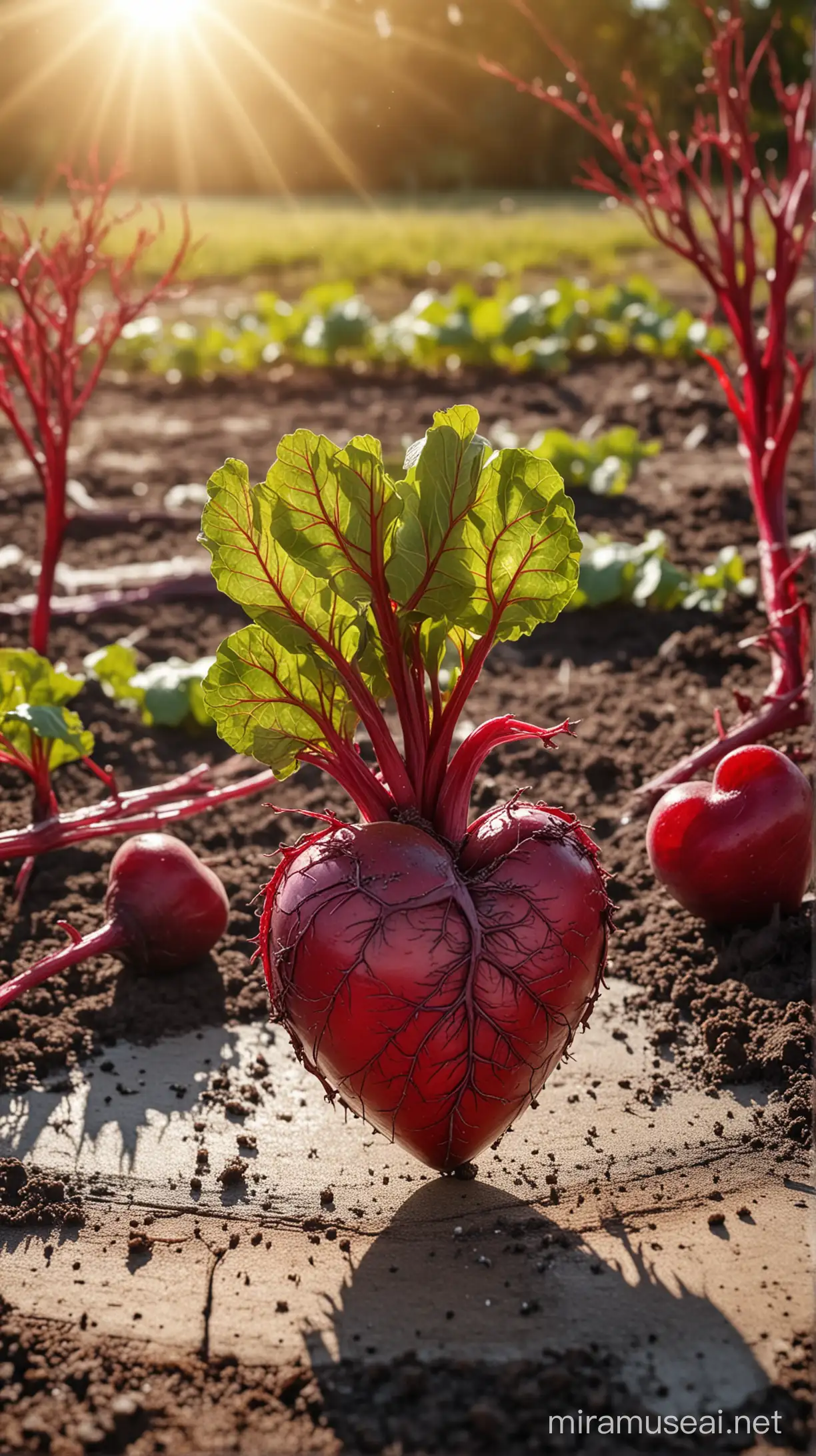 Heart diagram and in background Beetroot tree , natural background, sun light effect, 4k, HDR, morning time weather
