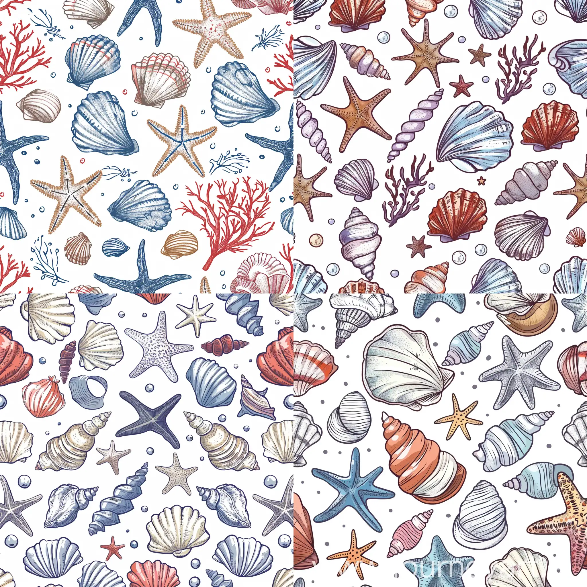pattern design of Beachside ambiance - nautical-themed decor with seashell objects, sea stars and corals image, in high quality handdrawing style