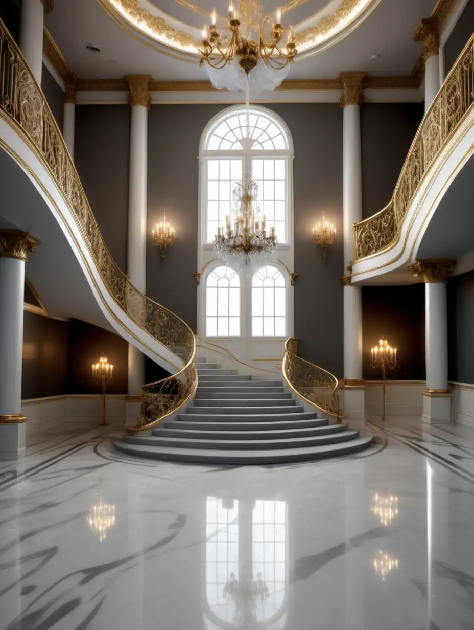 Cinderella fairy tale, french provincial ballroom in a photographic style. medium grey walls, ballroom with gold accents, marble floor, curved sweeping staircase in background, the chandelier is candle style, empty ballroom, no people or furniture, stairway leads to balcony, 2 story ballroom, whole stairway is visible, windows are on the side, walls and floors are straight and connect to one another, image is lit from left and staircase is on right, no windows on the background plane, remove reflections from floor. no reflection in floor,  large ballroom, window on one side of the image as the light source for the scene, more ornate, larger ballroom, windows to left, staircase to right, more ornate and gold, without window reflections on floor


