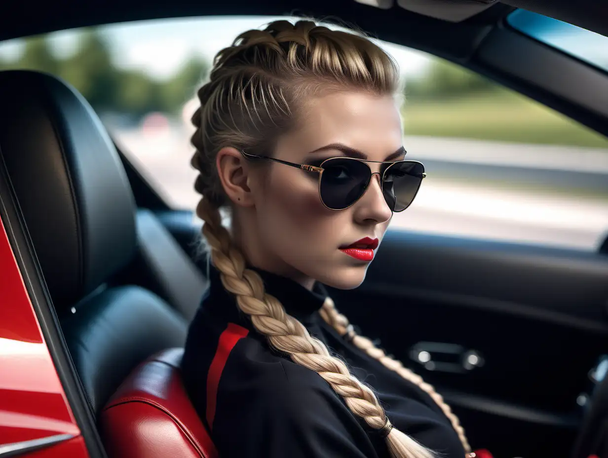 Beautiful Nordic woman, very attractive face, detailed eyes, perfect breasts, slim body, dark eye shadow, blonde hair in a long Mohawk braid, small black Gucci sunglasses, bokeh background, soft light on face, rim lighting, facing away from camera, looking back over her shoulder, sitting in the driver’s seat of a red Ferrari, photorealistic, very high detail, extra wide photo, full body photo, aerial photo