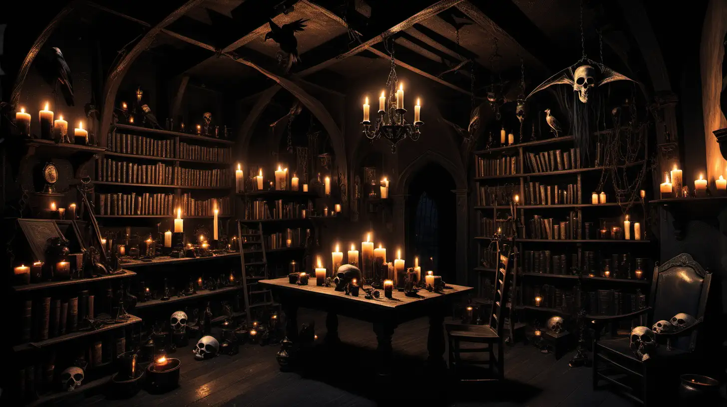 gothic architecture, witch room, tavern, dark, skulls, potions, candles, candlelight, crows, black cat, books, spells, bones