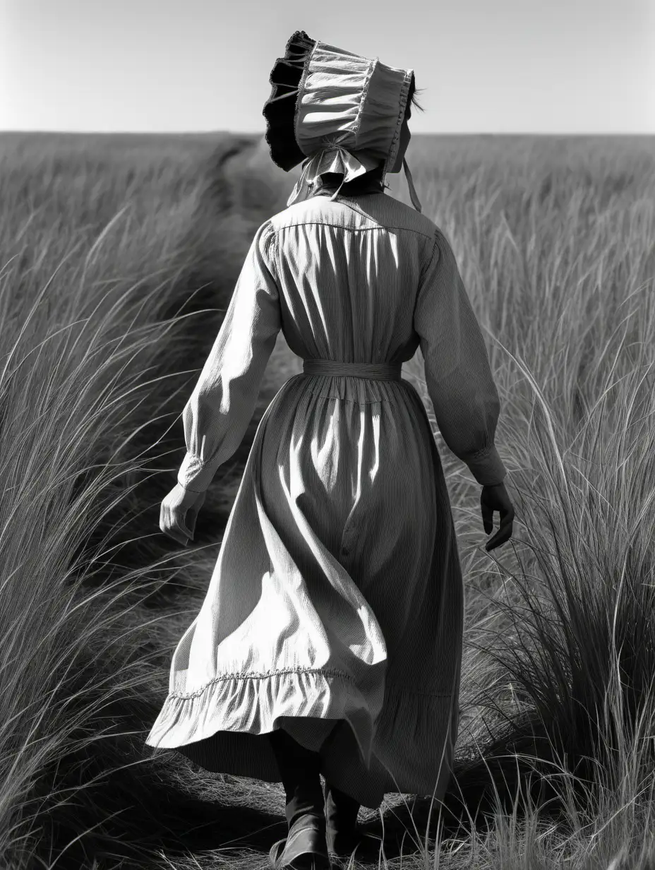 There is an woman arriving at the prairie. She is a caucasian pioneer wearing a bonnet. In front of her the prairie stretches out like a sea of grass. Black and white.