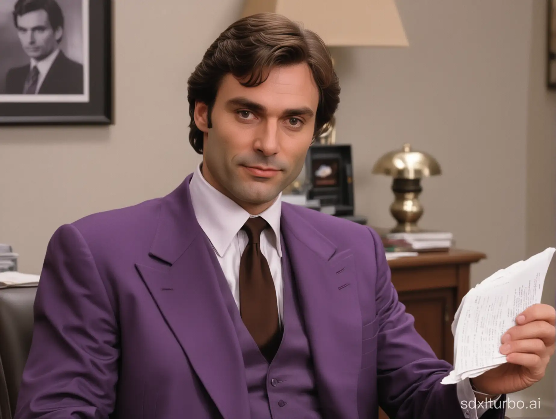 Retro-Thriller-Seductive-MiddleAged-Man-in-Purple-Tuxedo