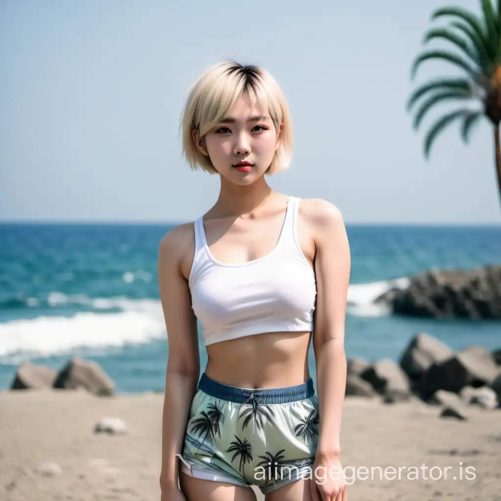 Good physique, short blond hair, Japanese features, short shorts, and a background of the sea with palm trees.