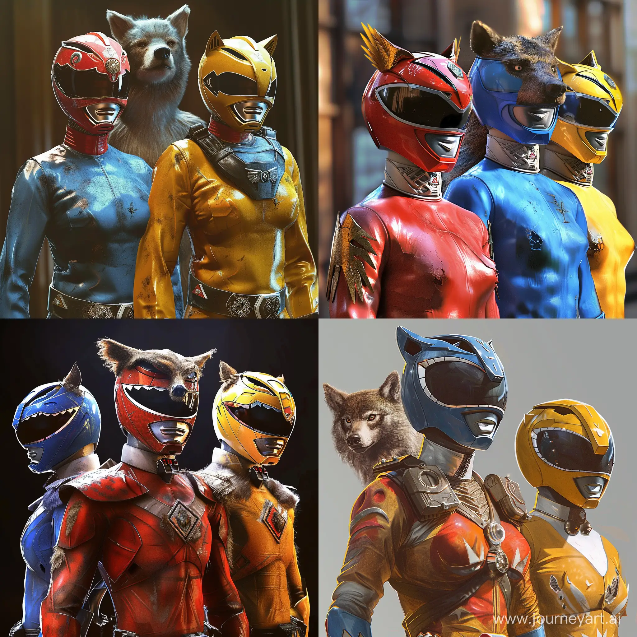 In CGI art, 3 power ranger, The Red ranger is female and has a helmet that resembles an Owl, the Blue ranger is male and has a helmet that resembles a Bear, the Yellow ranger is male and has a helmet that resembles a Wolf.
