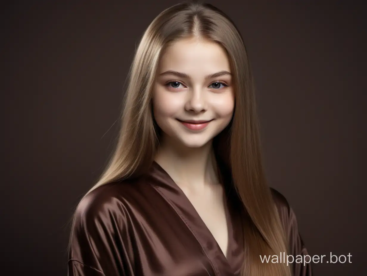 Gentle, sweet, young girl Yulia Lipnitskaya with long straight silky hair gently smiles in luxurious chocolate Silk Robe