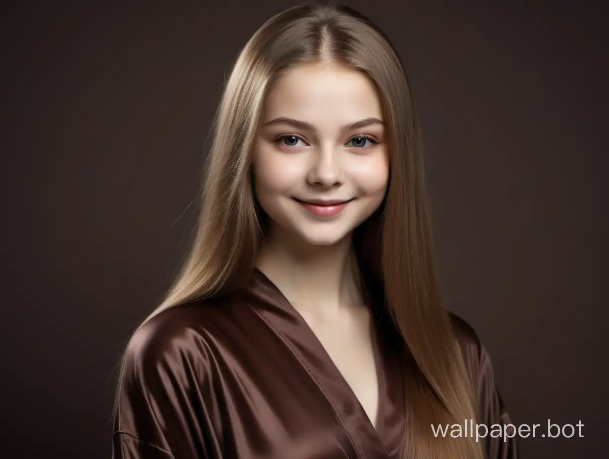 Gentle, sweet, young girl Yulia Lipnitskaya with long straight silky hair gently smiles in luxurious chocolate Silk Robe 