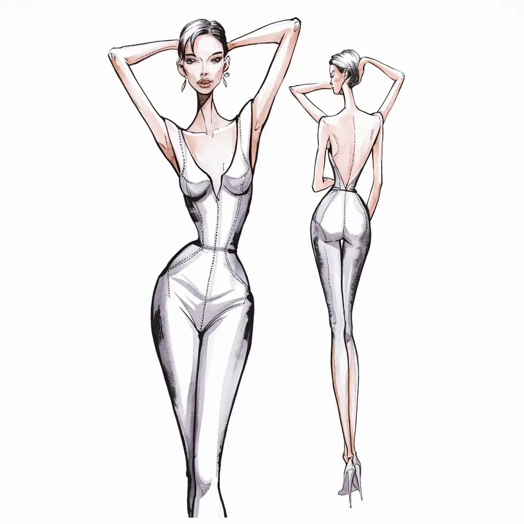 create a full body head to toe hand drawn full body female fashion illustration front and back rendered with water color on some part of body. and she wore nothing. only body shape. in white color . with creative body postures
