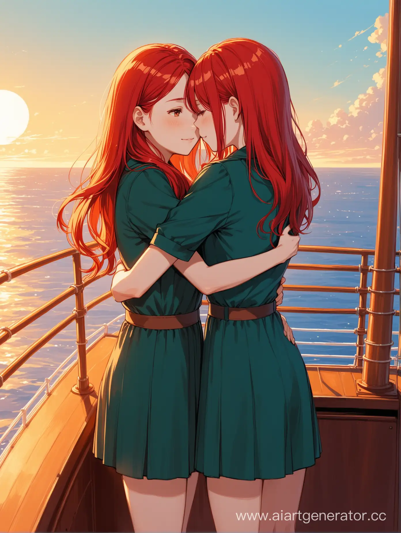 RedHaired-Twin-Sisters-Embrace-on-Ship-Deck