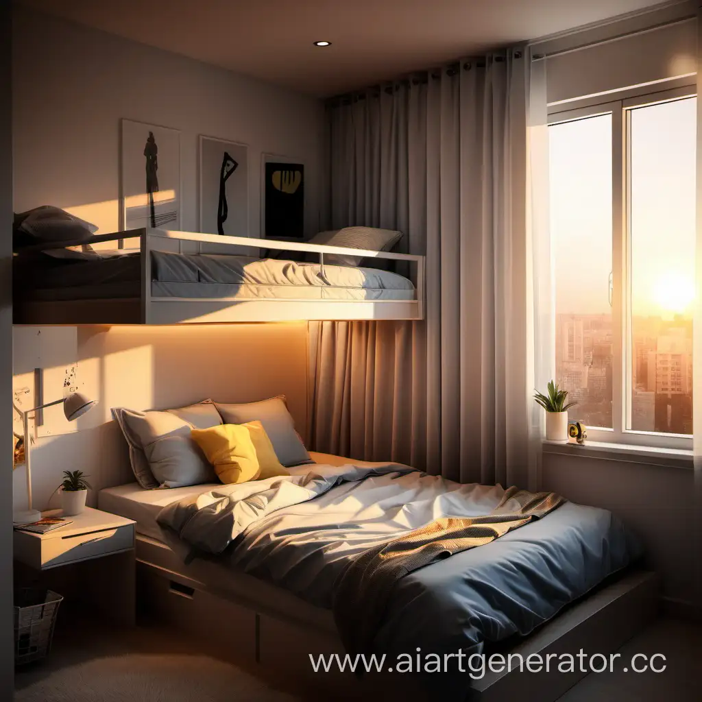 Teenage-Boys-Bedroom-at-Sunrise-with-Soft-Light-and-Curtains