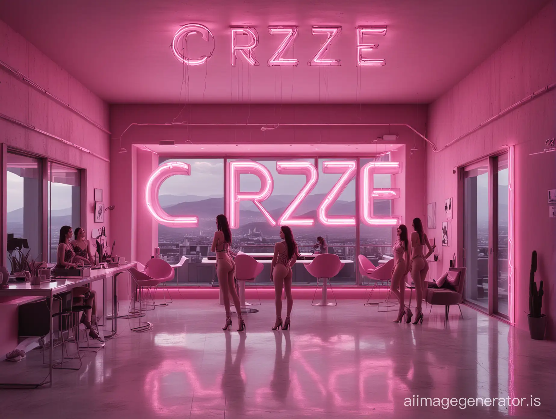a futuristic ultra modern penthouse with sexy girls and large pink neon sign with the word "CRZZE", high windows looking out to a dystopian landscape