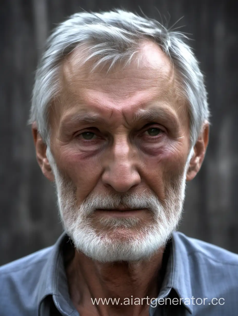 Русский Мужчина 65 лет худое лицо соскулами седые волосы и борода