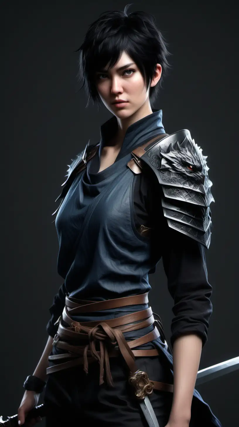 Photo realistic female nordic pretty young tall androgyn, fit, short messy black hair, half-dragon ronin