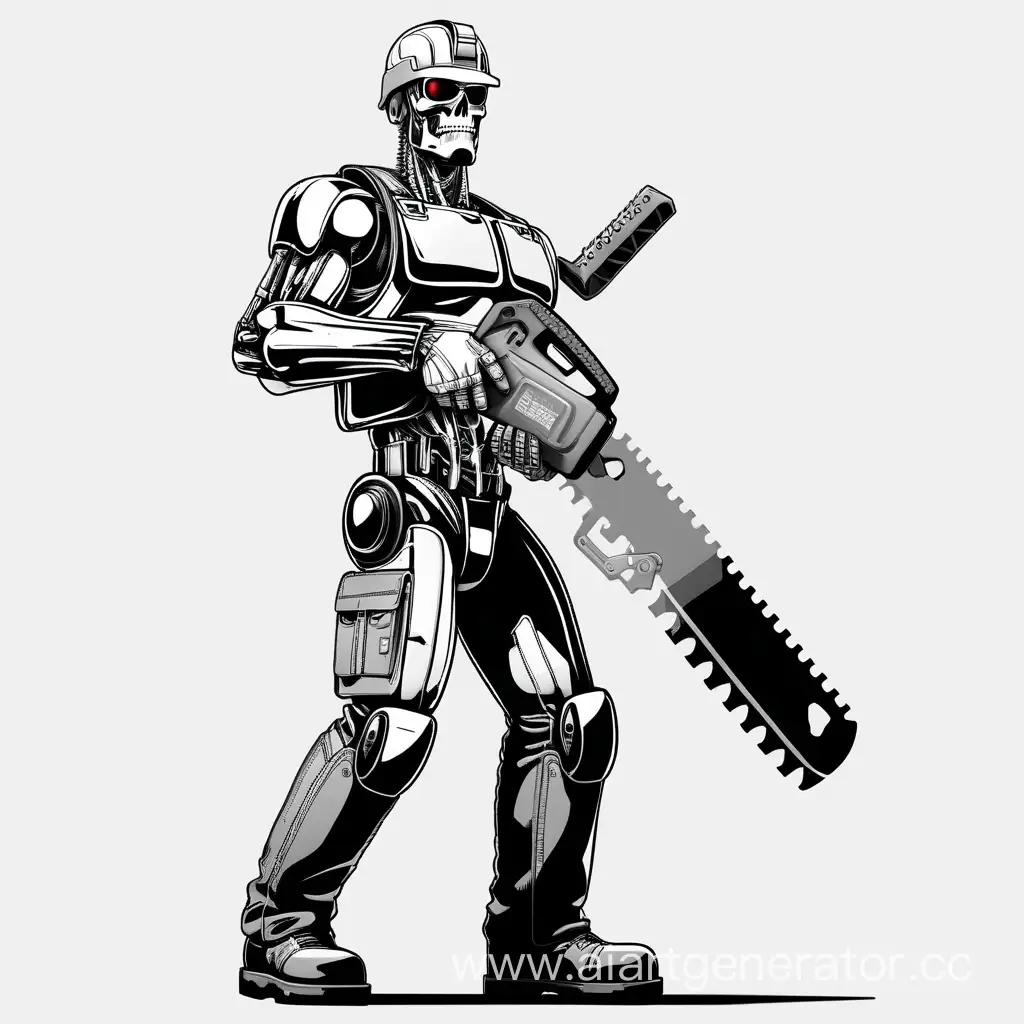 Terminator-800 в строительной каске черно-белый графика во весь рост на белом фоне в руке бензопила
